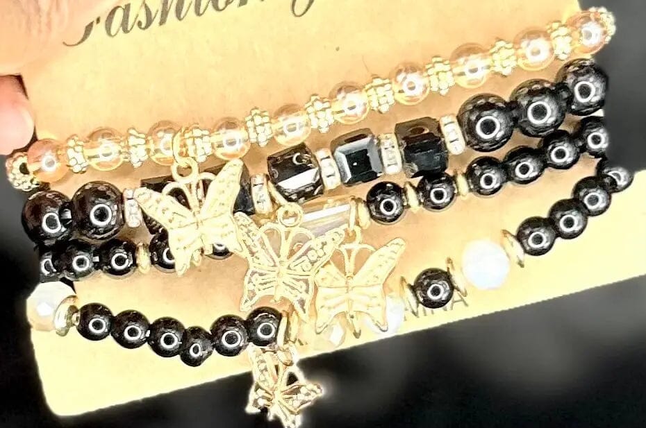 Enchanted Butterfly Charm Beaded Bracelet Stack Charm Beaded Bracelet Stack Black 